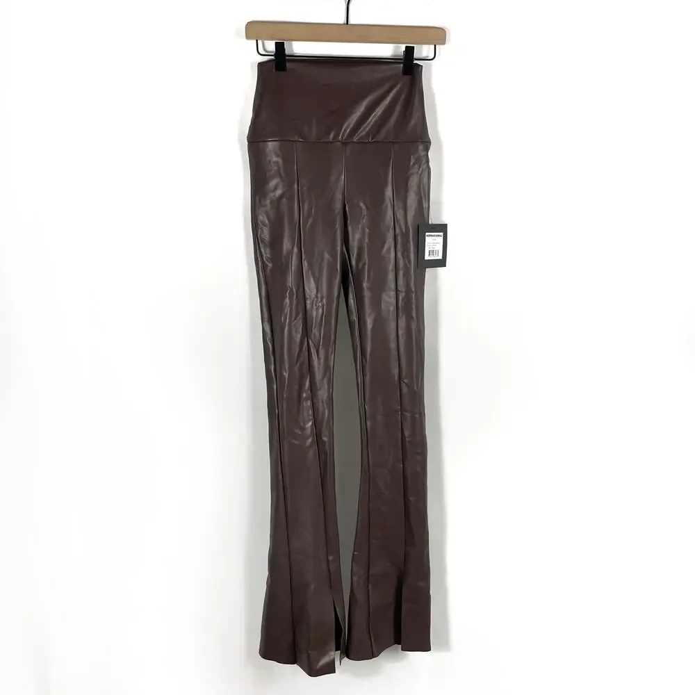 Norma Kamali Spat Legging Faux Leather Pants Chocolate Brown Flare Split Sz XS - Picture 5 of 11